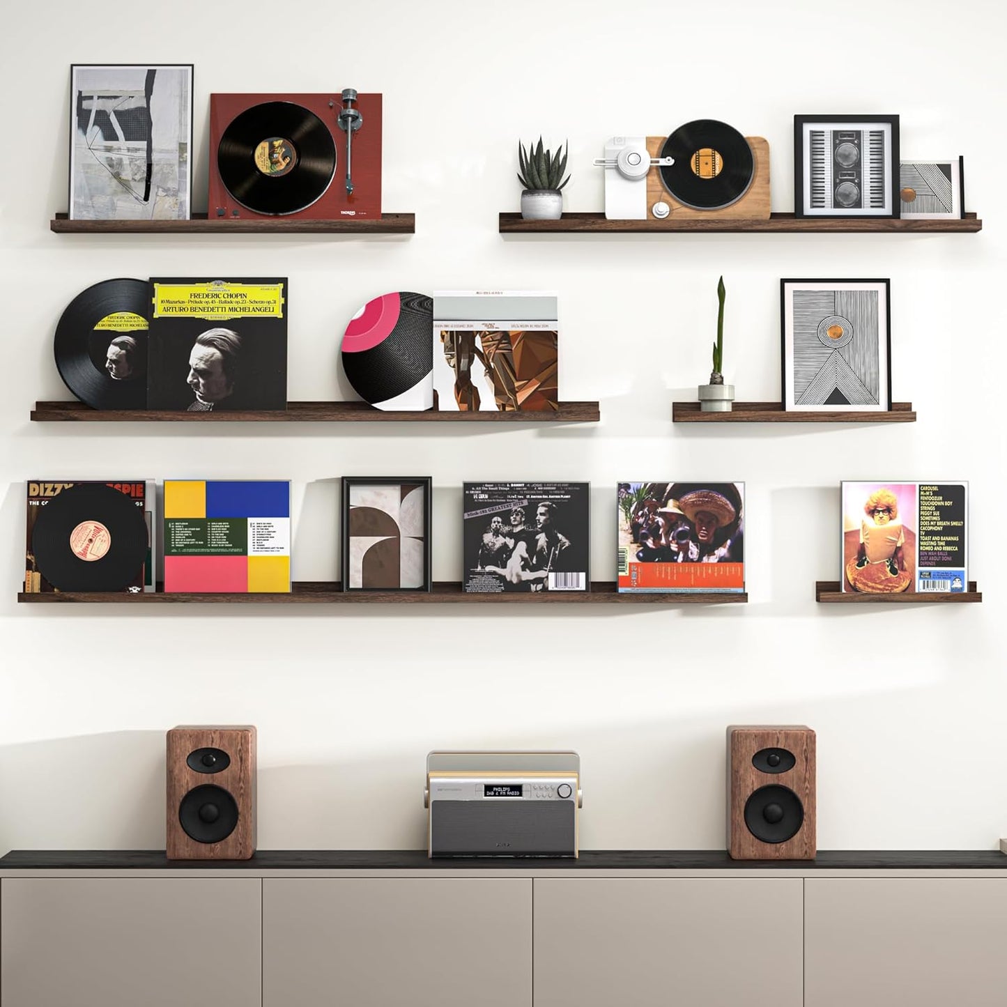 Heimlove Picture Ledge Shelf, Floating Shelves Set of 2, 56 Inches Picture Shelf for Wall with Ledge, Kids Bookshelf Wall Mounted for Living Room Bedroom Decor Books Photo Frames, Walnut