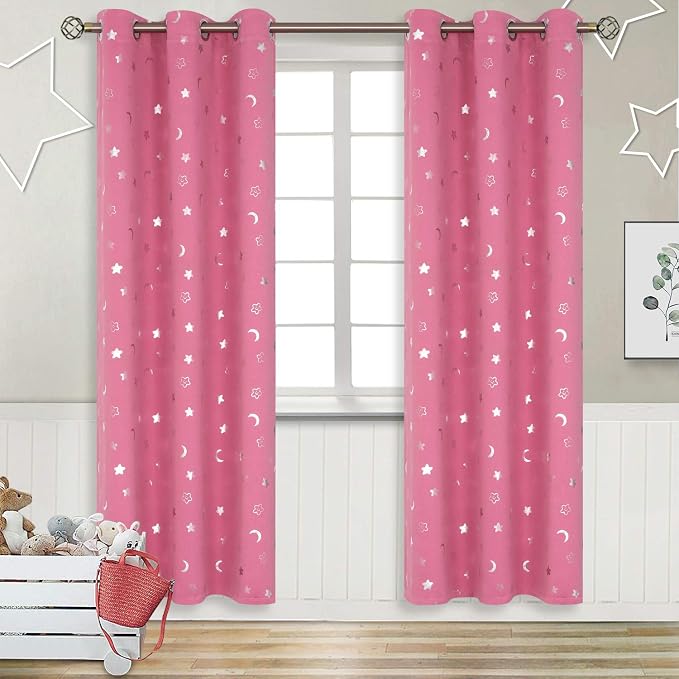 BGment Pink Curtains for Girls Bedroom 84 Inch Length, Star and Moon Blackout Curtains for Kids Babys Bedroom, Room Darkening Thermal Insulated Window Grommet Curtains for Nursery, 42 Wide, 2 Panels