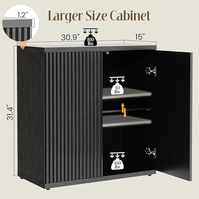Fluted Buffet Cabinet Sideboard with Storage, Modern Black Credenza Cabinet with 2 Doors & Adjustable Shelf, 15" Deep Wood Accent Cabinet for Dining Room, Living Room, Entryway & Kitchen