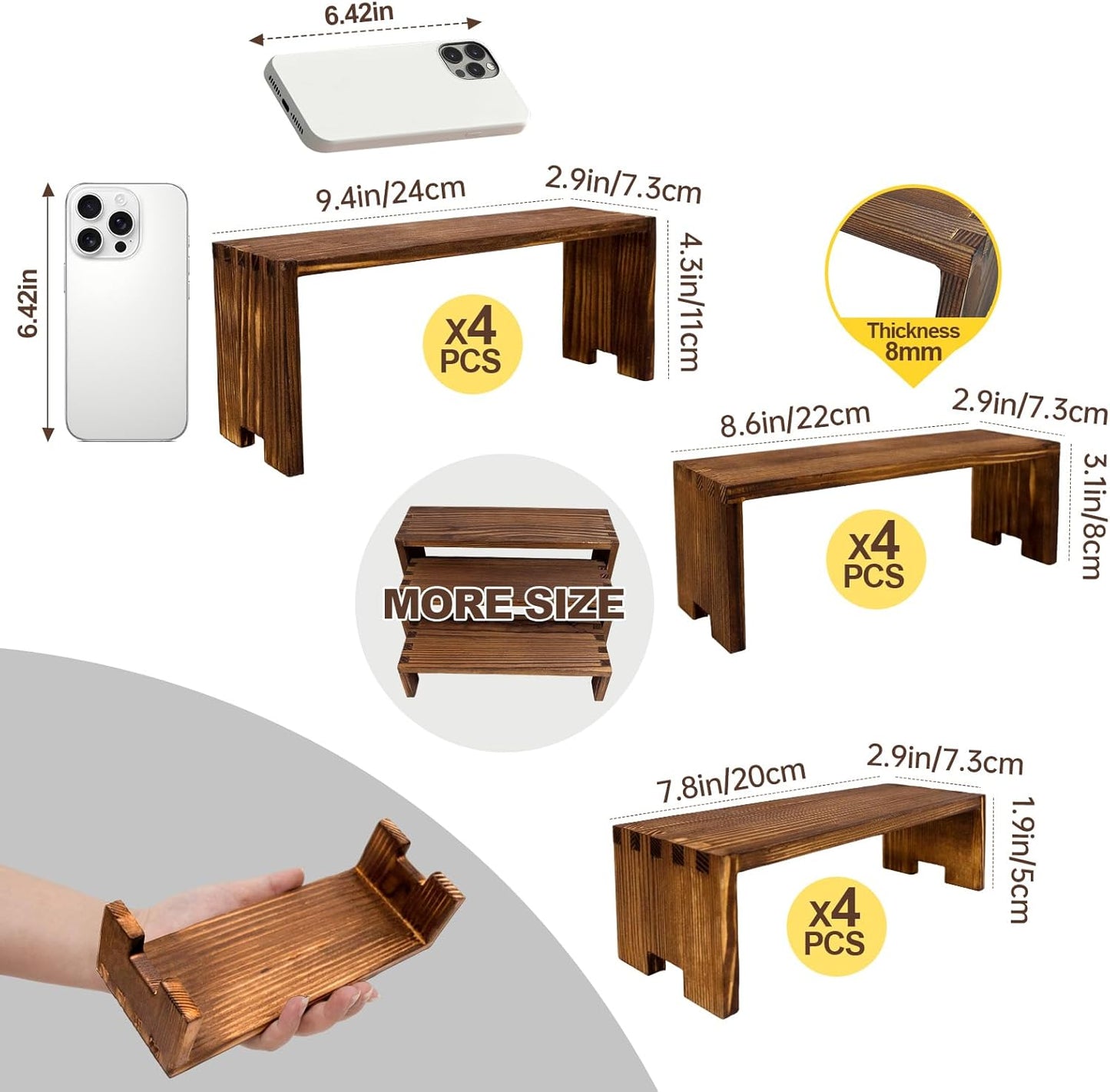 Display Wood Risers Wooden Stand 3 Tier 4 Set 12 Pieces Tiered Desert Wooden Stands Decorative Rectangular Display Cupcake Stands Cologne Perfume Racks(Brown)