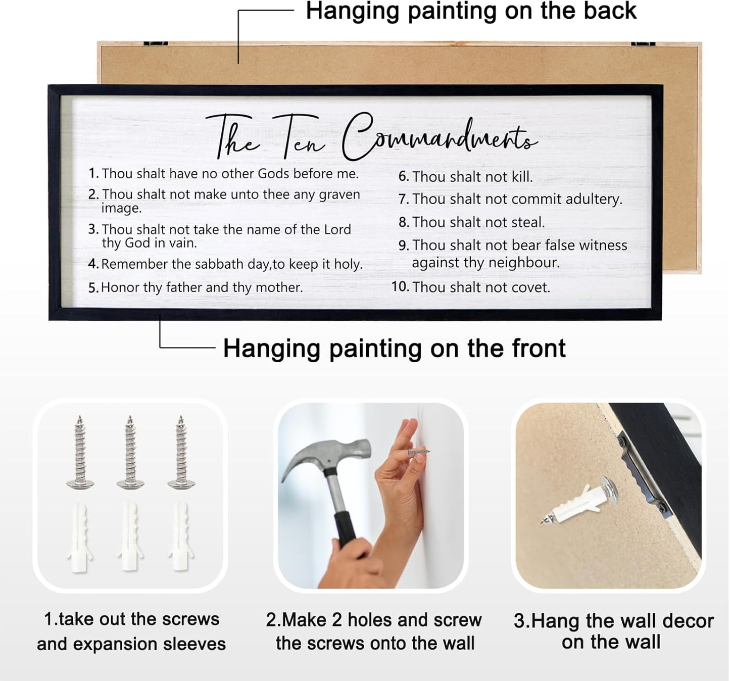 The Ten Commandments Rustic Bible Verse Framed Wall Art, 40''×15'' Positive Religious Christian Saying Sign for God Jesus Christ Prayer, Vintage Horizontal Holy Inspirational Catholic Scripture Decor