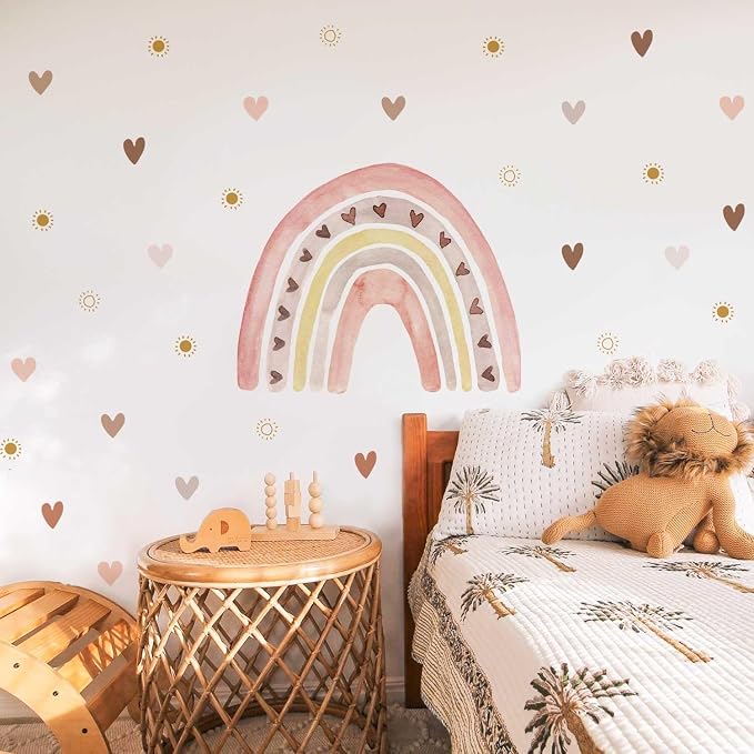 funlife Large Watercolor Rainbow Wall Decals Peel and Stick, Boho Yellow Sun Decal Boho Heart Wall Sticker for Girls Bedroom Decor, Kids Nursery Room Sunrise Playroom Wall Art Decor Decal