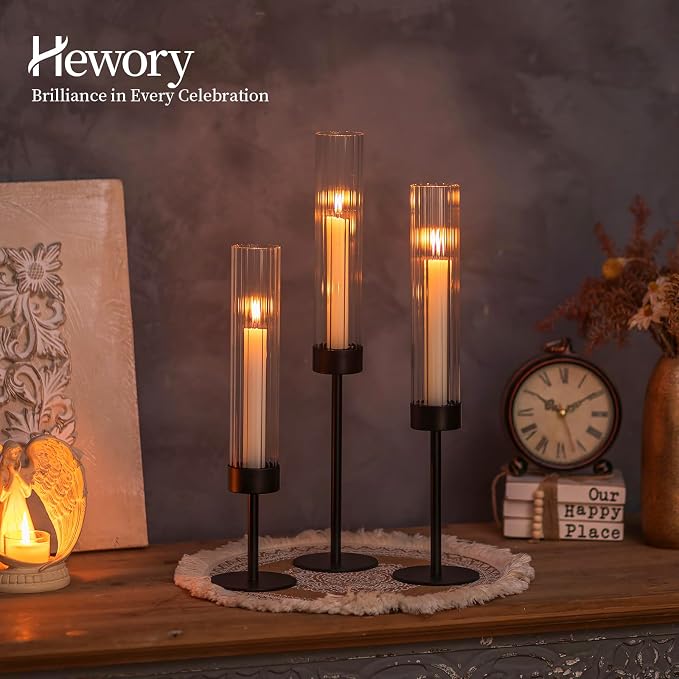 Hewory Black Hurricane Candle Holders: 12 PCS Tall Taper Candlestick Candle Holders Bulk for Candlesticks Candle Sticks Holder Decor for Table Centerpiece Wedding Party Christmas Decorations