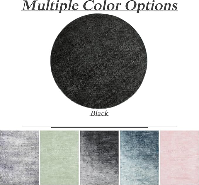 LIANLAM 8 FT Washable Rug, Black Solid Round Rugs for Living Room & Bedroom | Stain-resistant & Non-slip backing,Low Pile Washable Large Carpet, Solid Vintage Style For High Traffic Areas(8 FT,Black)