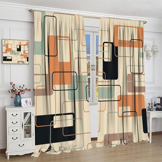 JESTRONRY Mid Century Blackout Curtains,Retro Square Design Modern Style Blackout Window Door Curtains for Bedroom Living Room Home Decor 42x54in