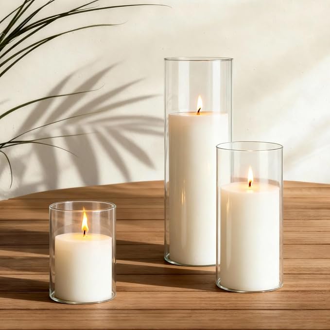 VEVOR Pillar Candles and Glass Vases Set 36 Pcs, Clear Cylinder Hurricane Candle Holders for Wedding Centerpieces, Tall Vase for Table Decor, Wedding Party, Thanksgiving, White (3.4" x 4.7",7.1",9.8")