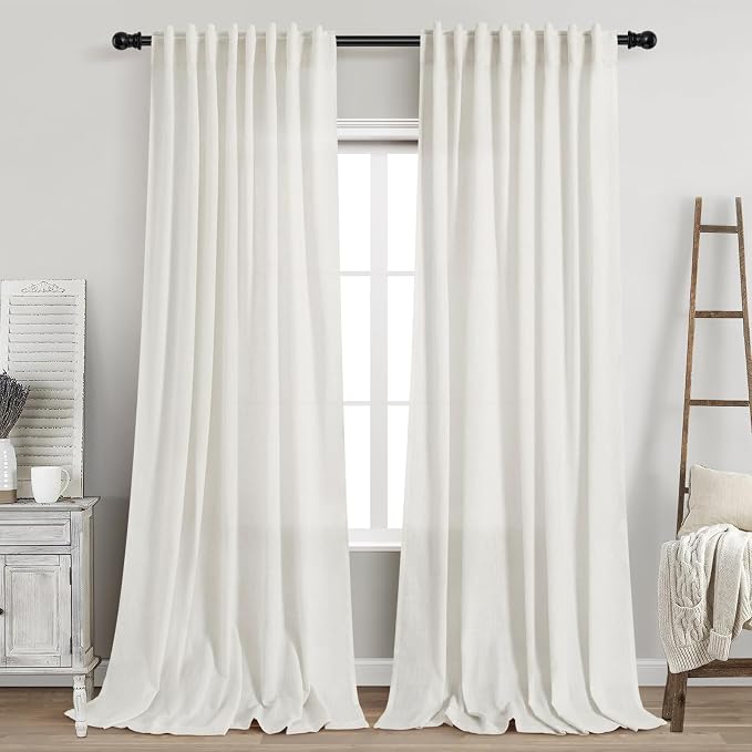 Nanspring Beige White Linen Curtains 90 Inches Long for Living Room 2 Panels Set Semi Sheer Vertical Curtains Back Tab Rod Pocket Coastal Room Decor Privacy Curtain for Bedroom/Dinner Room 60x90