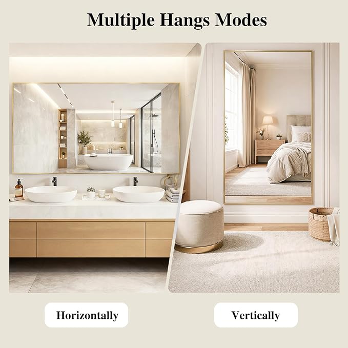 Koonmi Gold Mirrors for Wall, 36x48 Inch Bathroom Mirror, Rectangular Wall Mirror for Living Room Bedroom Bathroom, Hangs Horizontally or Vertically