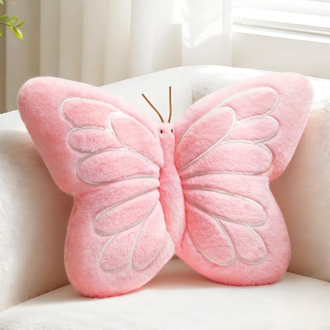 Pink Butterfly Shaped Pillow 16.9" Plush Cute Decorative Throw Pillows | Soft Hugging Pillows, Comfort Seat Cushions, Aesthetics Girls Room Bedroom Decor, Throw Pillows for Couch Bed Dorm Chair Sofa
