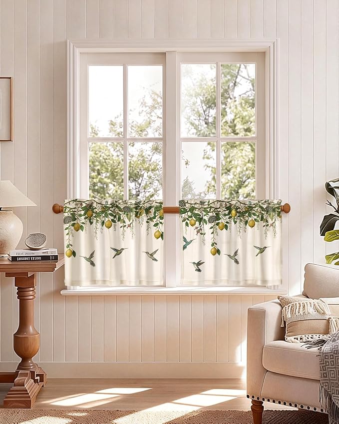 Miss Adola Farmhouse Kitchen Tier Curtains - 18 Inch Length Linen Blend Vintage Cafe Curtains Lemon Bird Small Window Treatments Over Sink Rod Pocket for Bathroom Living Room Light Filtering, 2 Panels