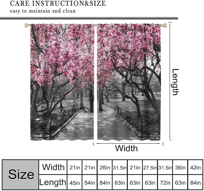 Cherry Blossom Forest Blackout Curtains for Kitchen,Vintage Rustic Pink Cherry Blossom Trees Forest Nature Landscape Window Treatments Print for Girls Kids Bedroom Living Room 42x63in