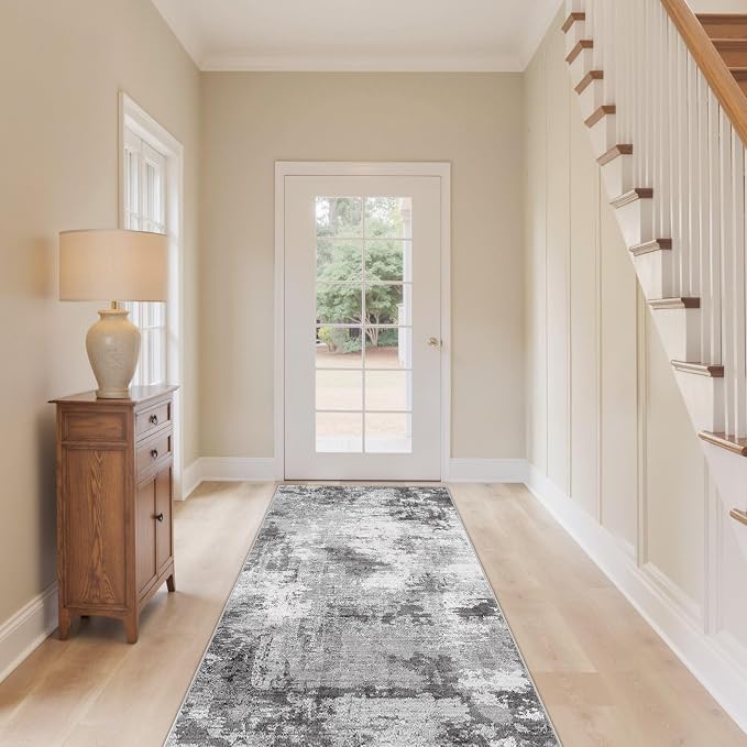 Abstract 2x8 Runner Rug: Machine Washable Non Slip Ultra Thin Low-Pile Carpet, Soft Stain Resistant for Hallway Kitchen Bathroom, Kid Pet Friendly, Robot Vacuum Compatible - Grey