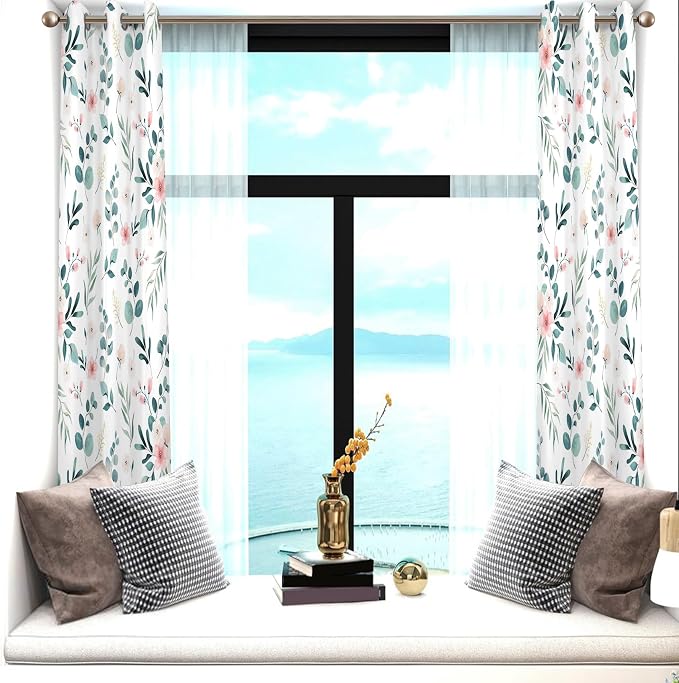 Renaiss Leaf Curtains Green Leaves Print Blackout Window Curtains for Bedroom Botanical Plants Grommet Top Room Darkening Window Drapes for Living Room 42W x 96L Inch Two Panel Set