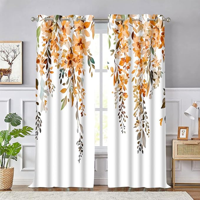 Orange Watercolor Floral Blackout Curtains 42x84 Inch 2 Panels | Botanical Leaves Vine Flowers, Rustic Farmhouse, Blackout Window Treatment, For Bedroom Living Room