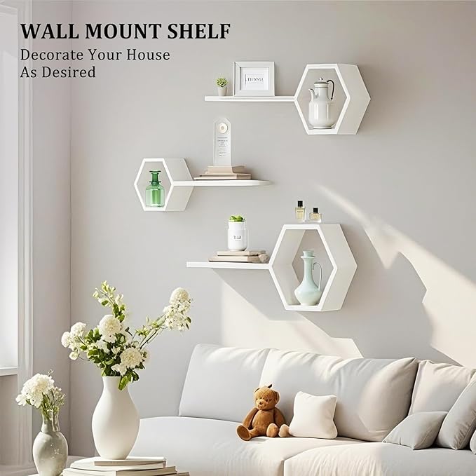 ZGZD Set of 3 White Wooden Hexagon Wall Shelves - Modern Decorative Storage for Home, Kitchen, Office – Stylish Floating Shelves for Small Plants, Books, and Decor