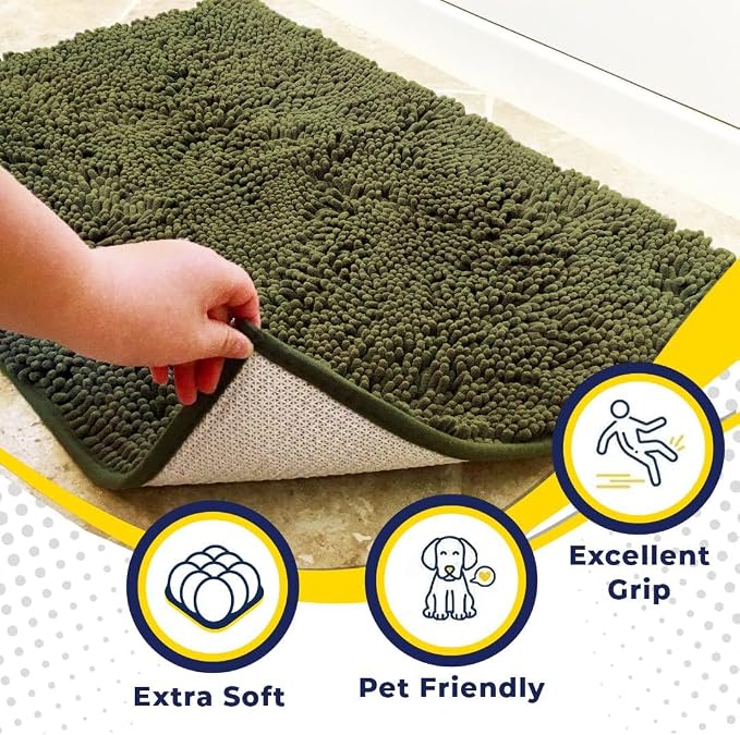 Muddy Mat® | Super Water Absorbent Door Mat Indoor, Microfiber Quick Dry Chenille Entryway Rug, Slip Resistant Front Door Mat, Indoor Mats for Entryway, Machine Washable Pet Rug, Army Green 24"x36"