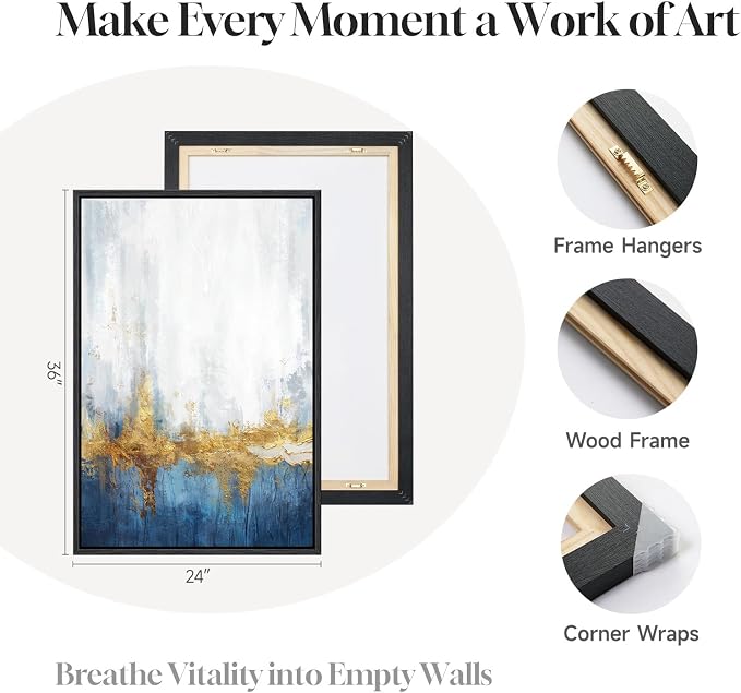 Framed Blue and White Abstract Wall Art for Living Room, Set of 2 Large Gold Modern Luxury Canvas Artwork for Walls, Contemporary Minimalist Painting Print Wall Decor for Bedroom Office, 24x36 Inch