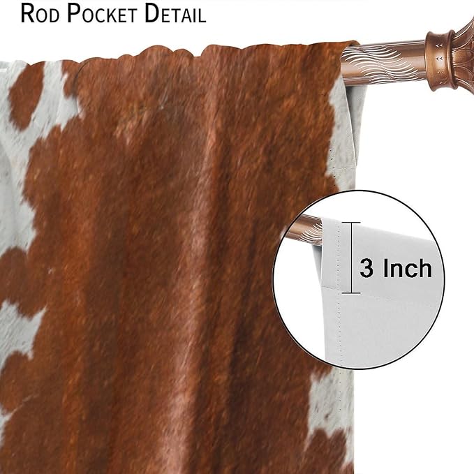 Cowhide Blackout Curtains, Retro Farmhouse Animal Spotted Brown White Cow Texture Print Rod Pocket Curtain Window Treatments 2 Panels Drapes for Nursery Living Room Bedroom Office Decor 84"W X 84"L