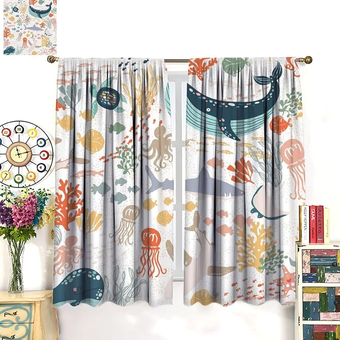 YCness Kids Sea Animal Curtains Funny Turtle Whale Ocean Colorful Art Printed Blackout Window Drapes for Boys Girls Bedroom Nursery Decor Fabric Set 2 Panel 42x45 Inch 80% Shading Rate