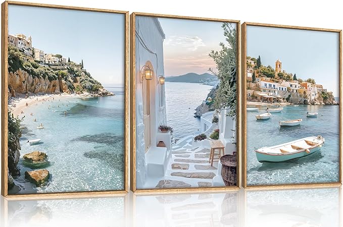 Greek Island Coastal Framed Canvas Wall Art Set,Modern Mediterranean Whitewashed Architecture Scenery Wall Decor,Natural Blue Beach Boat Landscape Artwork for Living Room,Farmhouse- 16"x24"x3