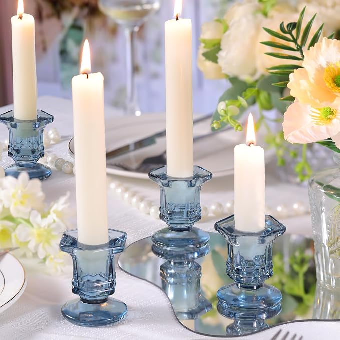 Lanttu 12 Pcs Blue Candlestick Holders Bulk, Glass Candle Holders Set | Crystal Taper Candle Holder for Wedding, Table Centerpiece, Home Decoration