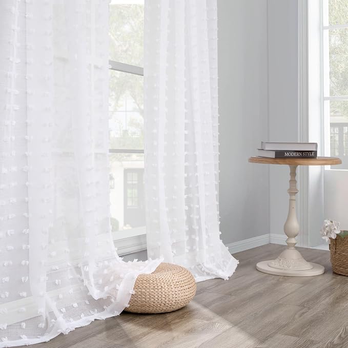 White Sheer Curtains for Bedroom Living Room Nursery 102 Inches Long White Pom Pom Tufted Windows Drape Pretty Beautiful Chic Style Farmhouse Boho Semi Sheer Curtain Back Tab 2 Panels 102 Inch Length