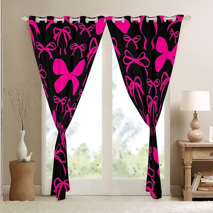 Feelyou Cute Bowknot Room Darkening Blackout Curtain Boys Girls (2 Panels, 38 x 45 Inch) Bow Curtains for Bedroom Living Room Pink Girls Bow Blackout Curtains Kawaii Bow Window Treatments