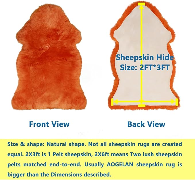 AOGELAN Orange Premium Genuine Sheepskin Rug, Genuine Sheepskin Natural Lambskin Shaggy Fur Area Rug for Kids Bedroom Sofa Chair Seat Cover Pets Dogs Mat Single Pelt/2FT*3FT