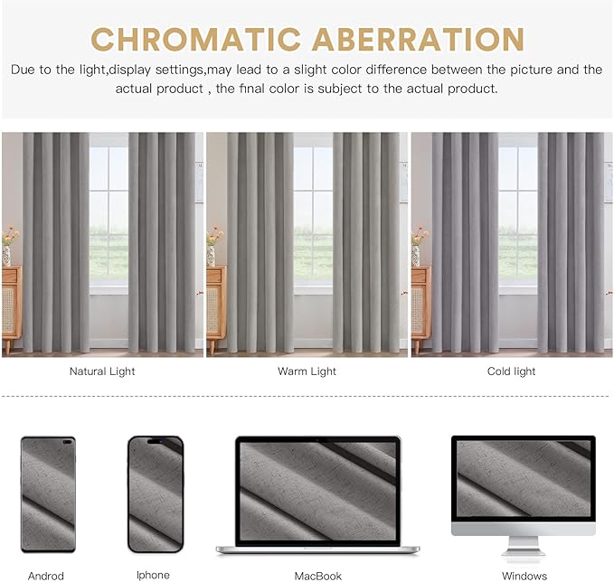 PrinceDeco Nature Linen Curtains 100% Back Out Curtains for Living Room/Bedroom 54 Inch Length Burlap Fabric Thermal Insulated & Light Blocking Nickel Grommet Window Drapes Set of 2,Heathered Dove