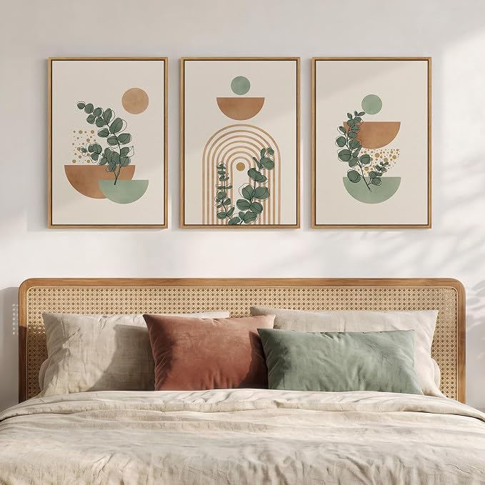 Framed Abstract Boho Wall Art for Living Room, Large Botanical Sage Green Plant Canvas Artwork for Walls, Minimalist Neutral Geometric Line Prints Paintings for Bedroom Hallway 16x24 Inch