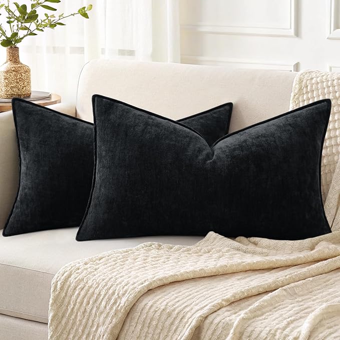 decorUhome Fall Couch Throw Pillow Covers 12x20 Set of 2, Decorative Soft Velvet Modern Cozy Chenille Lumbar Pillow Cases with Elegant Design for Sofa Bed Living Room Home Decor, Black