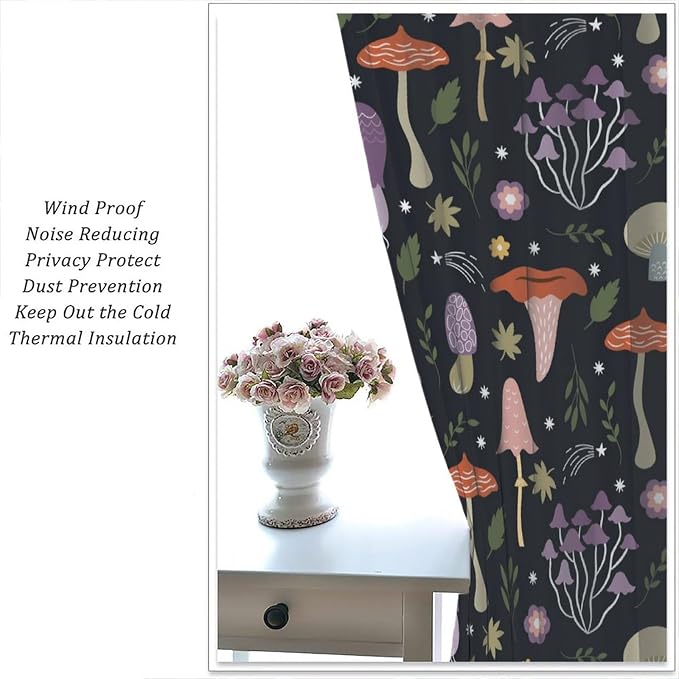 Mushroom Curtains,Colorful Plant Forest Botanical Print Window Treatments for Bedroom Living Room Kitchen Cartoon Herbs Floral Window Drapes 2 Panels Set,Total Size 42 x 63 Inch