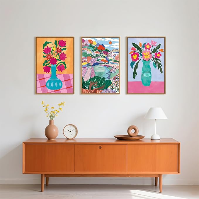 HOURIA Spring Colorful Flower Field Landscape Framed Canvas Wall Art Set,Abstract Pink Floral Vase Wall Decor,Natural Botanical Tree Artwork,Modern Sunrise Art Prints for Living Room,Farmhouse-24"x36"x3
