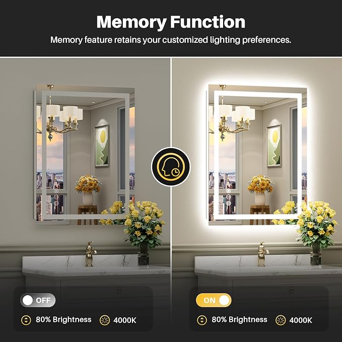 Briivue 36x32 Inch LED Bathroom Mirror with Lights, Backlit & Front Lit, Anti-Fog Lighted Bathroom Vanity Mirror for Wall, Memory Function, Dimmable, HD Tempered Glass, Shatter-Proof