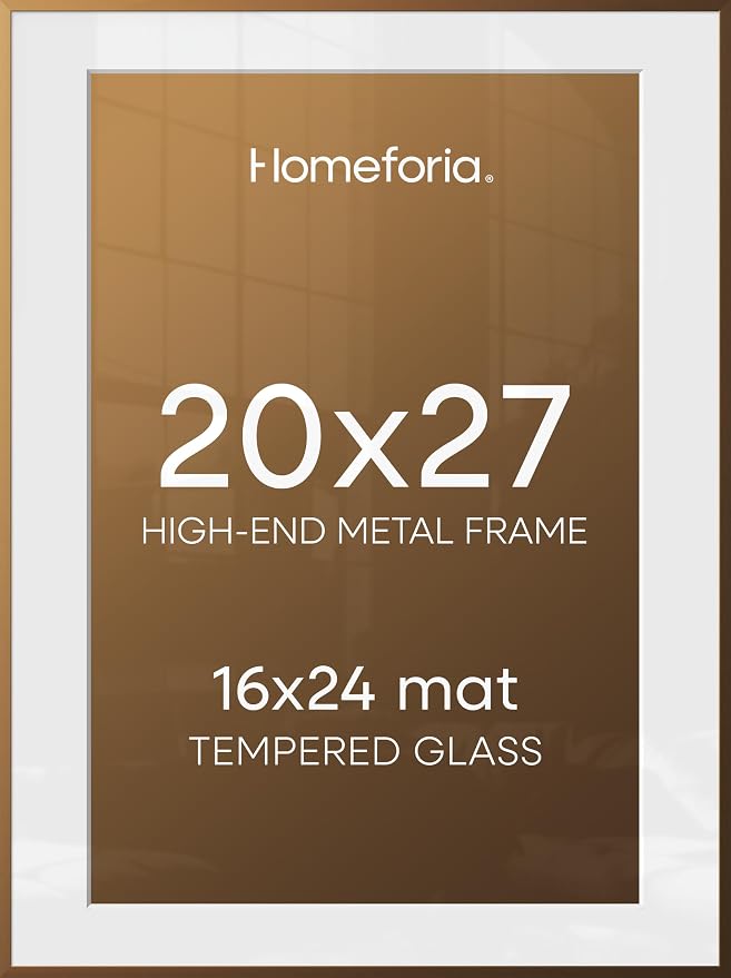 Homeforia 20x27 Picture Frame Bronze, High End Metal 20x27 Brass Poster Frames with Mat 16x24 Photo, 20 x 27 Frame Matted to 16 by 24 inch Print, 27by20 Thin Frames, Tempered Glass, Wall Kit, Set of 3
