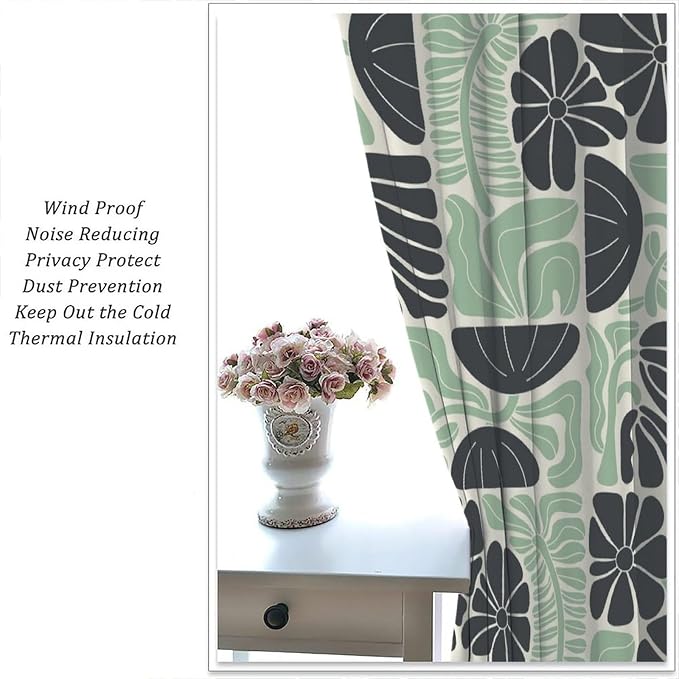 JESTRONRY Mid Century Boho Curtains, Modern Abstract Abstract Geometric Green Floral Pattern Print Blackout Window Door Curtains for Bedroom Living Room Home Decor 63x72in