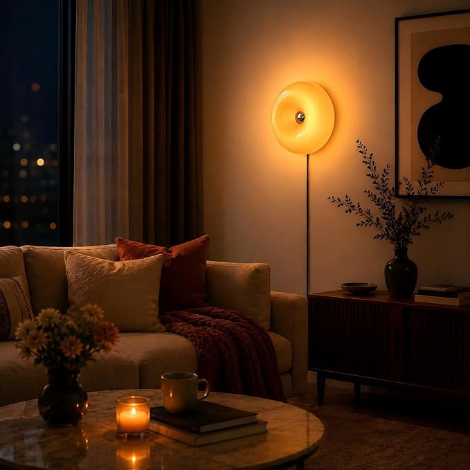 Bofea-Modern Orange Donut Lamp,Plug-in Bedside Lamp Or Plug-in Wall Sconces,Mid Century Modern Decor Wall Mount Lamps,Creative Orange Light for Living Room,Reading Room,Hallway Ambient Lighting | Orange Glass Donut Lamp,Stepless Dimming,Warm Ambient Li...