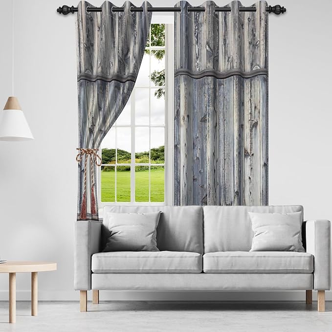 Wooden Barn Doors Kitchen Curtains,Wood Planks Rustic Farm Farmhouse Window Curtains Country Retro Western Vintage Grey Window Curtain Treatments Bedroom Living Room Decor,26x84 inch,2 Panels