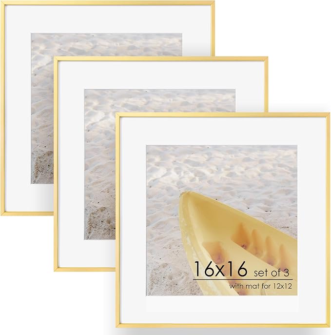 FLYJOE 16x16 Metal Square Picture Frame For Wall With Mat For 12x12, 16''x16'' Aluminum Photo Frames With Tempered Glass For Home Decor, Minimalist Modern Poster Frame Horizontally Vertically, Gold
