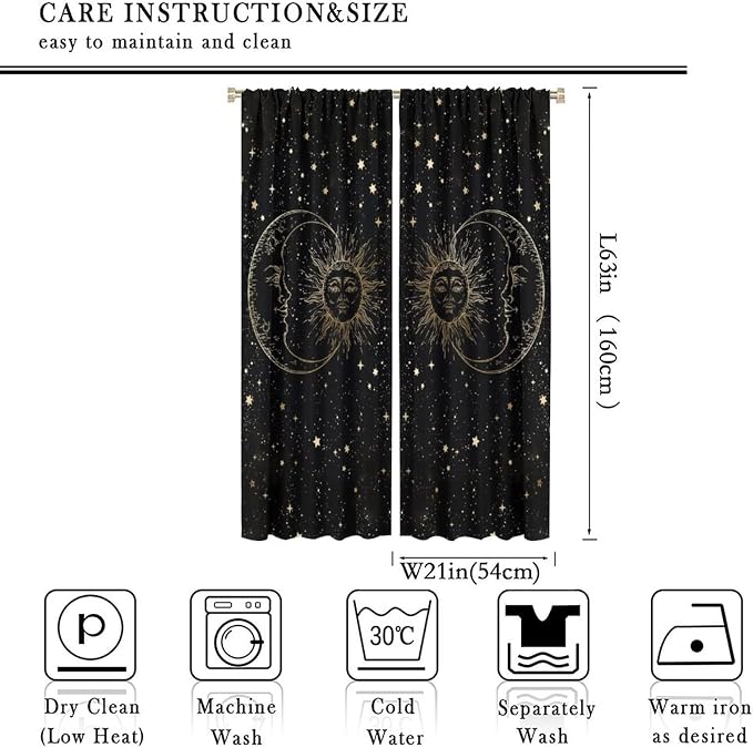 Sun Moon Blackout Windows Curtains, Golden Sun Moon and Stars Black Sky on Bohemian Style Curtains, for Living Room Bedroom 42x63in 2 Panels