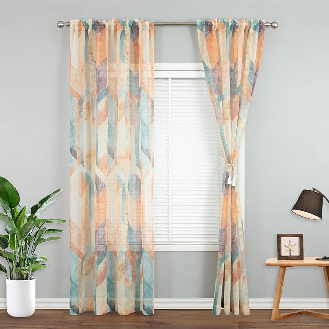 Leeva Airy Sheer Curtains 84 inches Long 2 Panels Set, Rod Pocket Orange Geometry Print Pattern Voile Sheer Drapes for Living Room Bedroom, 52" W x 84" L