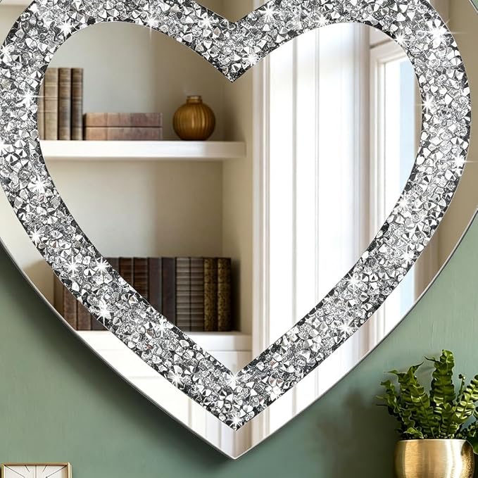 DMDFIRST Crystal Crush Diamond Heart Shaped Silver Mirror for Wall Decoration 24x24x1 inch Wall Hang Frameless Mirror Acrylic Diamond Décor.