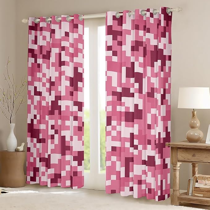 Castle Fairy Pink Checked Window Curtain,Pink Dark Camouflage Living Room Decor Curtains,Kids Boys Teens Geometric Plaid Window Treatment Modern Video Games Blackout Drapes 2 Panels,42Wx90L