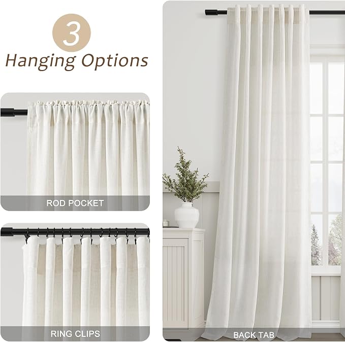 Aersas Extra Long Linen Curtains 100 Inches for High Living Room Natural Curtain Back Tab Rod Pocket Semi Sheer Privacy Rustic Boho Farmhouse Neutral Ivory Drapes Bedroom Office 52x100, 2 Panels