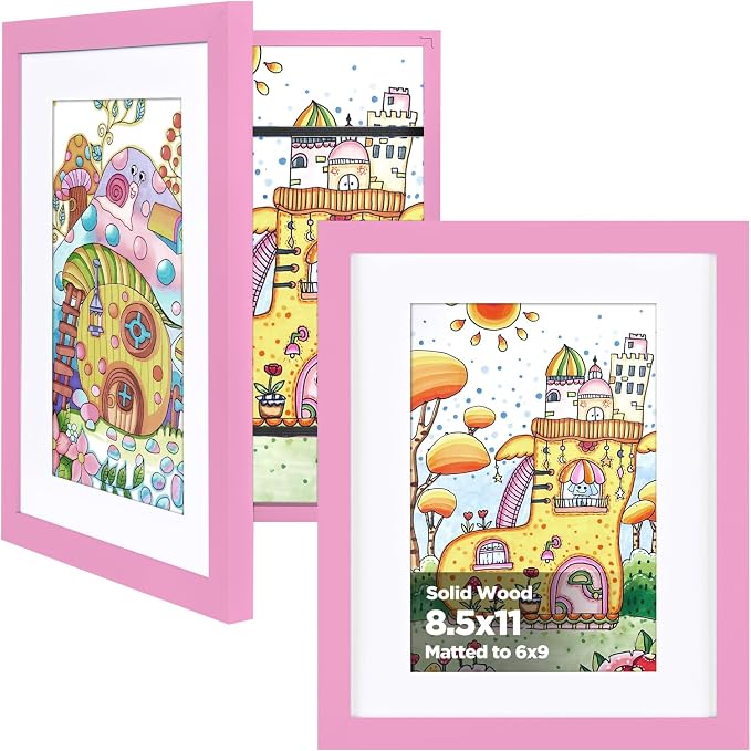 KINLINK 8.5x11 Kids Art Frame 2 Pack, Solid Wood Artwork Frames Changeable, Front Opening Hold 150 Pictures, Art Frames for Kids Artwork, 6x9 with Mat 8.5x11 without Mat, Picture Frames Light Pink