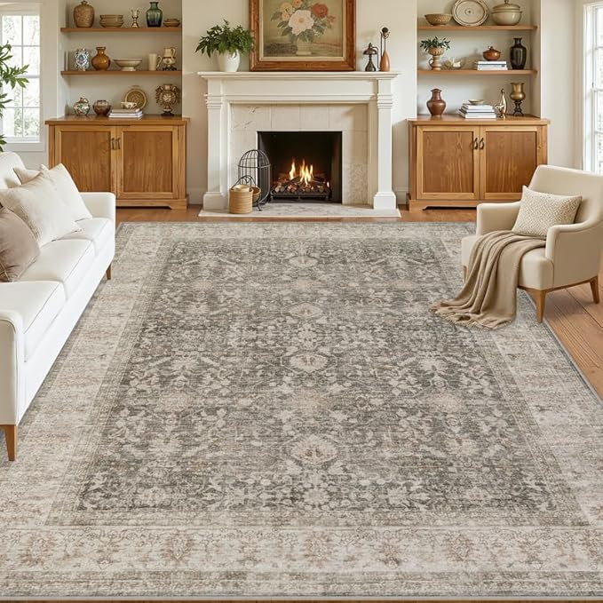 10x14 Area Rug for Living Room: Vintage Boho Neutral Washable Rug Indoor Soft Large Area Rug Carpet for Bedroom Nursery Farmhouse Dining Room Office Floor Non-Slip Low Pile Under Table Rug Warm Taupe