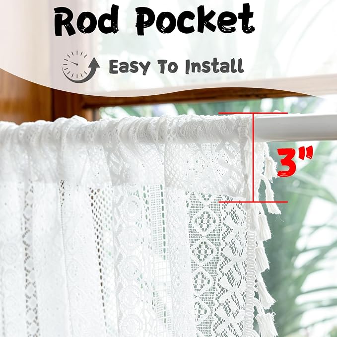 Sutuo Home White Boho Lace Kitchen Curtains 54 inches Long, Cottagecore Semi Sheer Privacy Crochet Vintage Tassels Bohemian Window Cream Curtains Drape for Nursery Decor Rod Pocket, 2 Panels 50" W