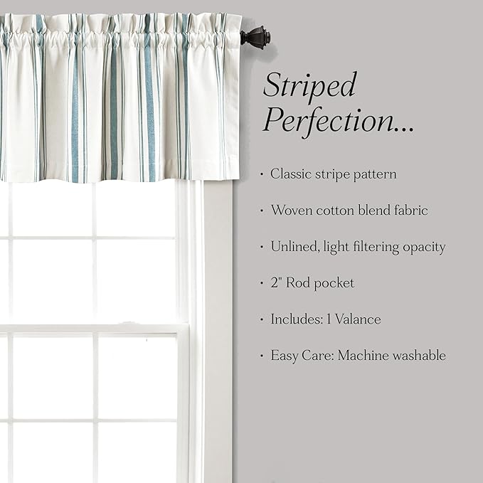Lush Decor Farmhouse Stripe Yarn Dyed Recycled Cotton Window Curtain Valance, 18" L x 52" W, Blue - Classic Modern Rustic Charm - Eco Friendly Cotton Fabric