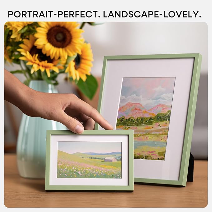 Homeforia Sage Green 4x6 Picture Frame, High End Metal 4 x 6 Frames with Mat 3 x 5 for Print, 4by6 Desk Frame Matted to 3x5 in Photo, 4 by 6 Wall or Tabletop Frames, Tempered Glass, Wall Kit, Set of 1