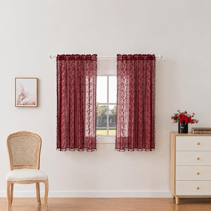 WAZZIO Boho Lace Curtains 2 Panels 63 Inch -Victorian Sheer Panel Drape French Country Floral Pattern & Tassel Light Filtering Privacy for Bedroom Dining Living Room,Burgundy Red,W52x L63
